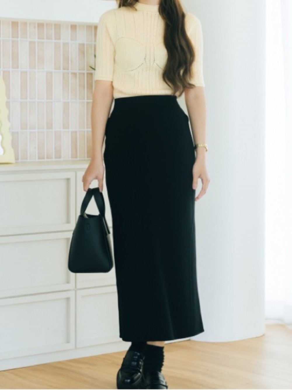 Uniqlo x Mame Kurogouchi Black Ribbed Knit Maxi Skirt 3D Knit - Picture 7 of 8